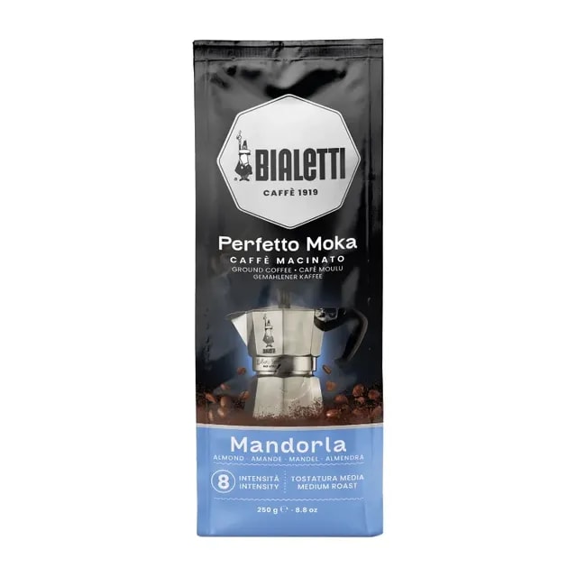 Opakowanie mielonej kawy Bialetti Perfetto Moka o intensywności 8, podkreślonej nutą migdałową. Idealna do przygotowania aromatycznego espresso w tradycyjnym stylu, z wysoką jakością ziarna i średnim wypaleniem.
