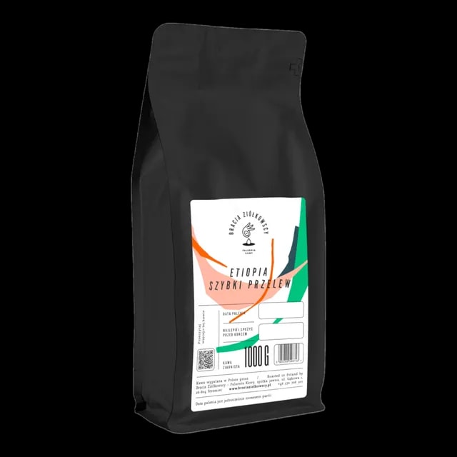 Opakowanie kawy ziarnistej Etiopia Szybki Przelew, 1kg, palonej przez Braci Ziółkowskich, idealnej do szybkiego parzenia