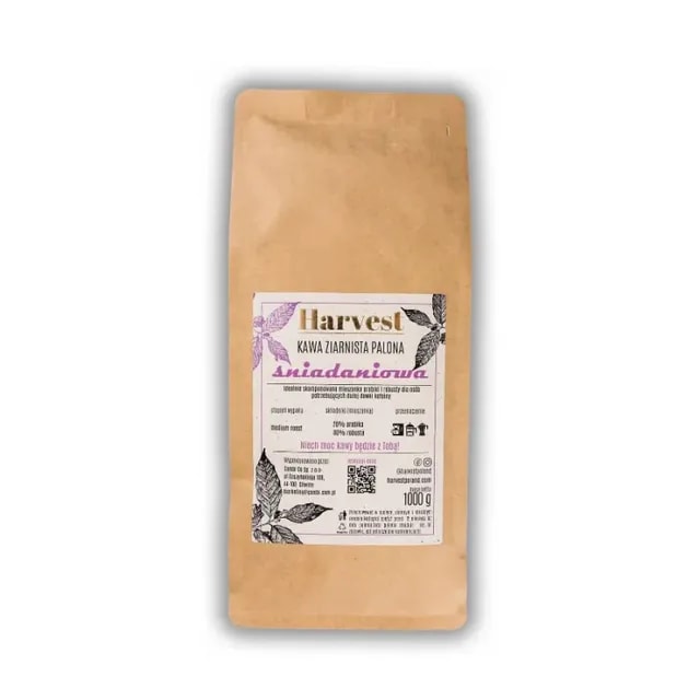Kawa ziarnista palona Harvest w opakowaniu 1000g, idealna do porannego parzenia. Doskonała na śniadanie, oferująca aromatyczny smak i pełnię energii na cały dzień.