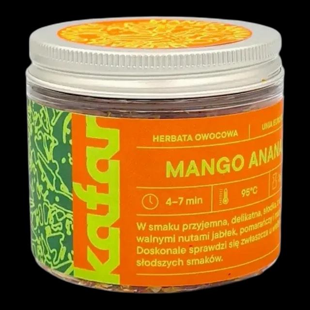 Herbata owocowa Mango Ananas od Kafar w szklanym słoiczku z pomarańczową etykietą. Połączenie egzotycznych nut mango i ananasa z delikatną słodyczą jabłek i pomarańczy. Idealna na zimowe wieczory oraz chwile relaksu, przyciąga aromatem i orzeźwiającym smakiem. Perfekcyjny wybór dla miłośników owocowych herbat o tropikalnym charakterze.