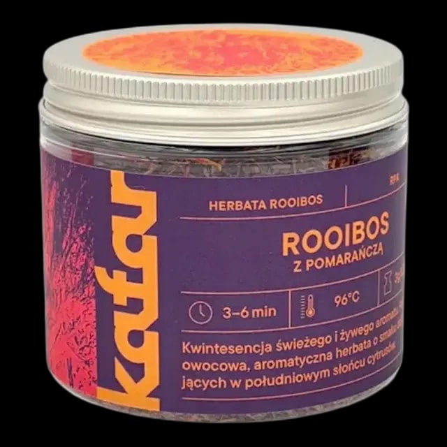 Herbata Rooibos z pomarańczą marki Kafar w szklanym słoiku z fioletową etykietą. Intensywny, aromatyczny napar o nutach cytrusowych i owocowych. Doskonały wybór na zimowe wieczory, dostarczający naturalnej harmonii smaku i zdrowotnych właściwości rooibosu. Idealna dla miłośników herbaty bez kofeiny z nutą pomarańczy.