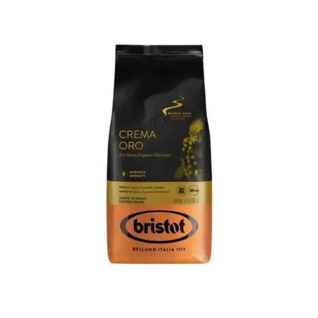 Opakowanie ziarnistej kawy Bristot Crema Oro, idealnej do parzenia espresso w domowych maszynach. Ta kawa charakteryzuje się intensywnym smakiem oraz delikatnymi nutami karmelu i sandału, doskonała dla prawdziwych miłośników kawy.