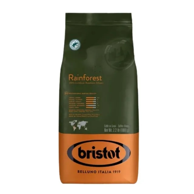 Paczka kawy w ziarnach Bristot Rainforest o wadze 1000g, wykonana z wysokiej jakości arabiki. Ten certyfikowany produkt zrównoważonego rozwoju zapewnia wyjątkowy smak i aromat, idealny dla miłośników kawy.