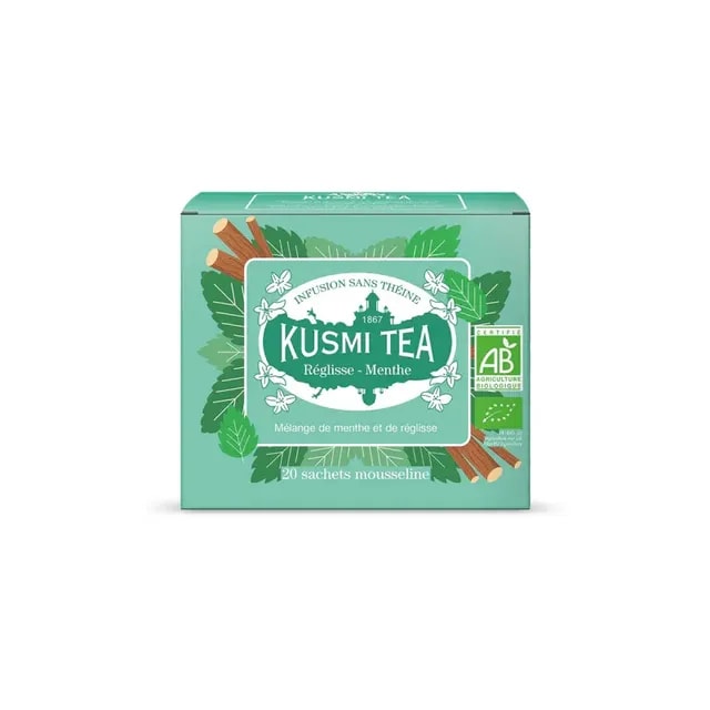 Opakowanie herbata Kusmi Tea o smaku lukrecji i mięty, zawierające 20 saszetek. Idealna dla miłośników aromatycznych naparów, doskonała na relaksujące chwile.