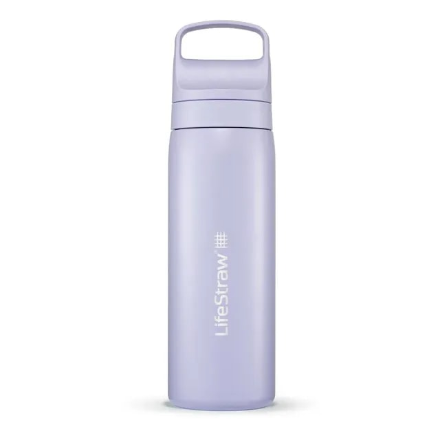 Fioletowa butelka LifeStraw Go 2.0 Steel o pojemności 0,5 litra z białym logo i ergonomicznym uchwytem, wykonana ze stali nierdzewnej, widoczna na jasnym tle.