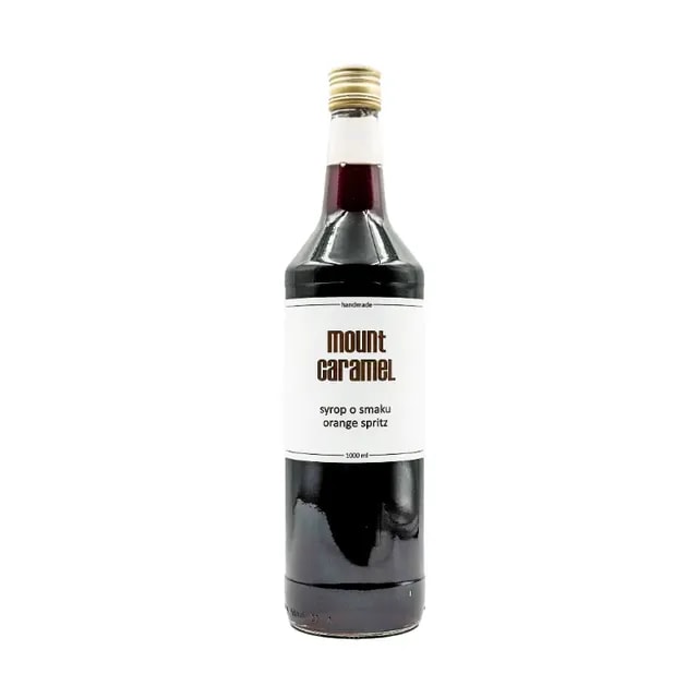 Szklana butelka syropu Mount Caramel o smaku orange spritz, idealna do kawy i napojów. Produkt ręcznie robiony, doskonały do wzbogacenia smaków zimnych i gorących napojów, dostępny w sklepie internetowym.