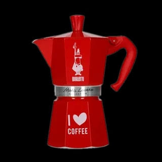 Czerwona kawiarka Bialetti Moka Express Love, 6tz, idealna do przygotowania kawy w stylu włoskim, z napisem 'I ♥ COFFEE