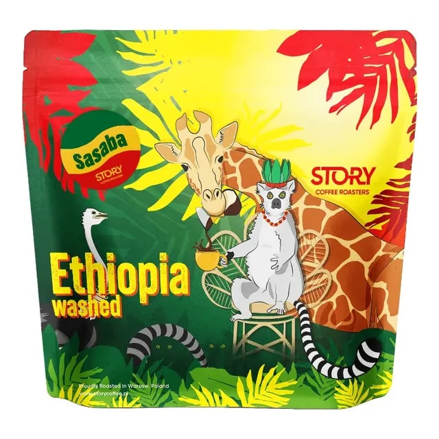 Opakowanie kawy Sasaba Ethiopia Washed o wadze 250g, charakteryzujące się kolorową grafiką z motywem zwierząt i tropikalnych roślin. Idealna dla miłośników aromatycznych, etiopskich kaw, która doskonale nadaje się do parzenia zarówno w ekspresie, jak i metodami alternatywnymi.