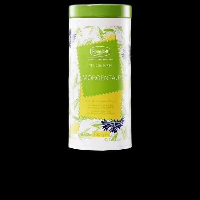 Biała puszka z herbatą Ronnefeldt Tea Couture Morgentau o pojemności 100 g. Delikatna zielona herbata Sencha z Chin, aromatyzowana smakiem mango i cytrusów, idealna na letnie popołudnia.
