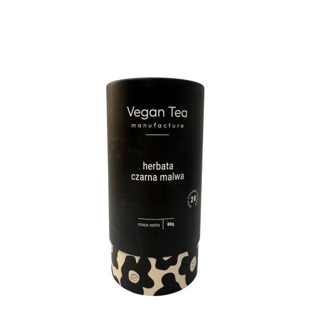 Czarne opakowanie herbaty Vegan Tea z białym napisem: „herbata czarna malwa, masa netto 80g, 20 filiżanek naparu”. Dolna część ozdobiona grafiką dużych kwiatów w czarno-kremowej tonacji. Elegancka, roślinna kompozycja z intensywnym, kwiatowym aromatem.