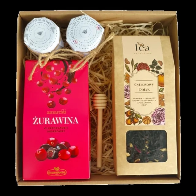 Zestaw prezentowy z produktami spożywczymi: żurawina w czekoladzie deserowej, herbata czarna Cytrusowy Dotyk, miód akacjowy, miód wielokwiatowy